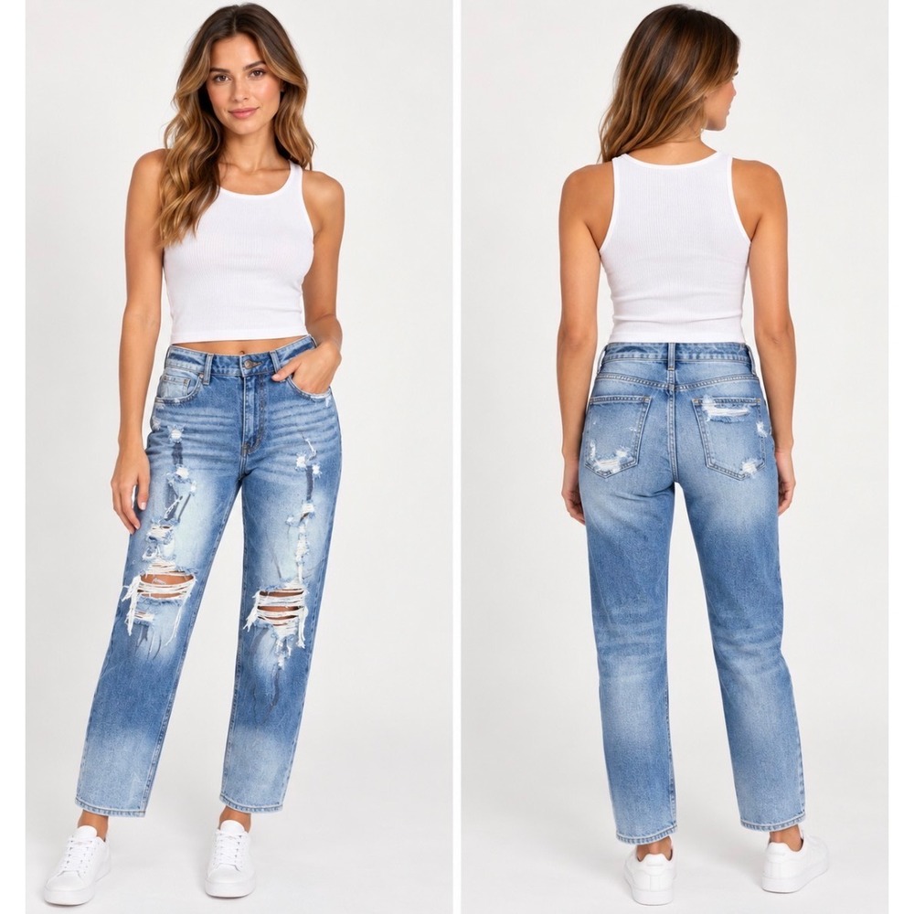 NWOT Risen Jeans 2X Distressed Straight Leg Ombre Hem High Rise Stretch Thrashed